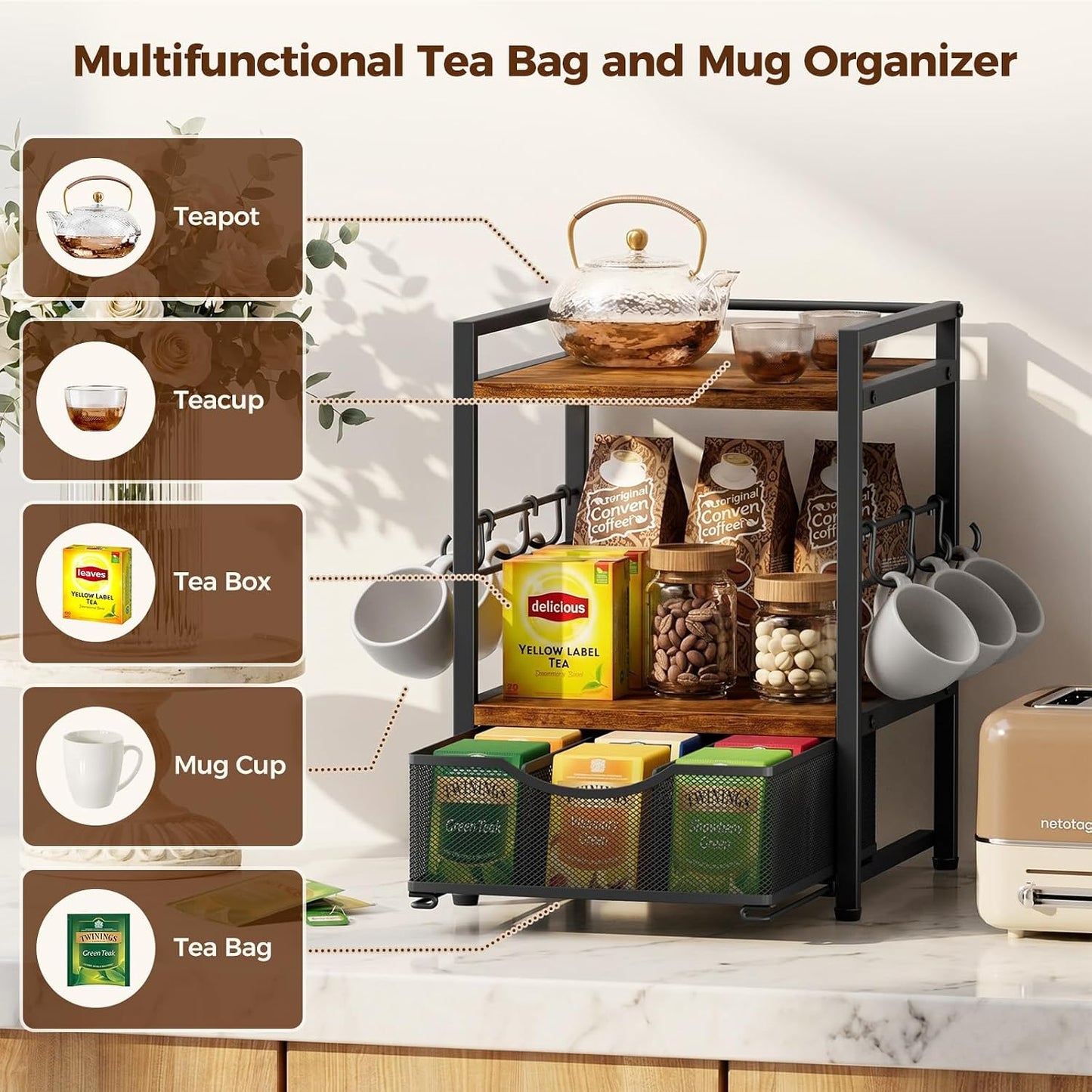 Plaviya 3-Tier Tea Bag Organizer with Drawer for Countertop | Tea Bag Holder and Storage, 9 Compartments, 6 Hooks for Cup, Utility Tea Box, Office, Kitchen, Rustic Brown