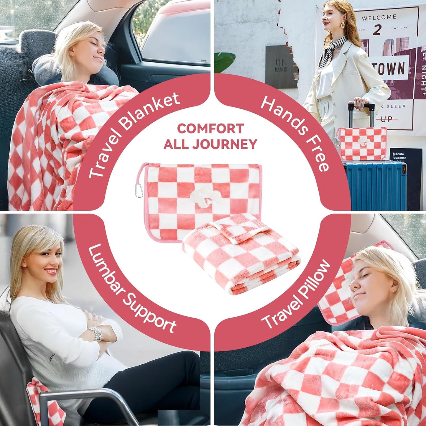 Travel Blanket and Pillow Compact, Premium Soft 2 in 1 Airplane Blanket with Soft Bag Pillowcase，Hand Luggage Sleeve and Backpack Clip (Checkered Black)