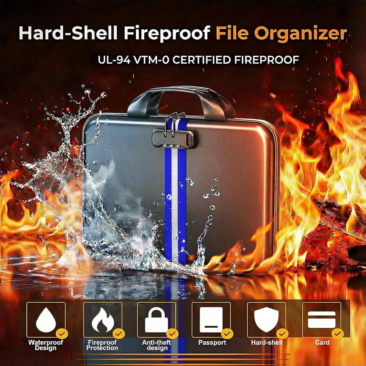 Fireproof Document Organizer with Lock, Semi-Rigid EVA Shell File Box with 13-Pocket Accordion Folder, Water-Resistant Storage for Important Documents, Passports & Certificates