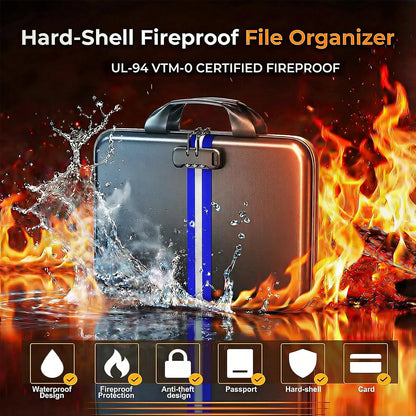 Fireproof Document Organizer with Lock, Semi-Rigid EVA Shell File Box with 13-Pocket Accordion Folder, Water-Resistant Storage for Important Documents, Passports & Certificates