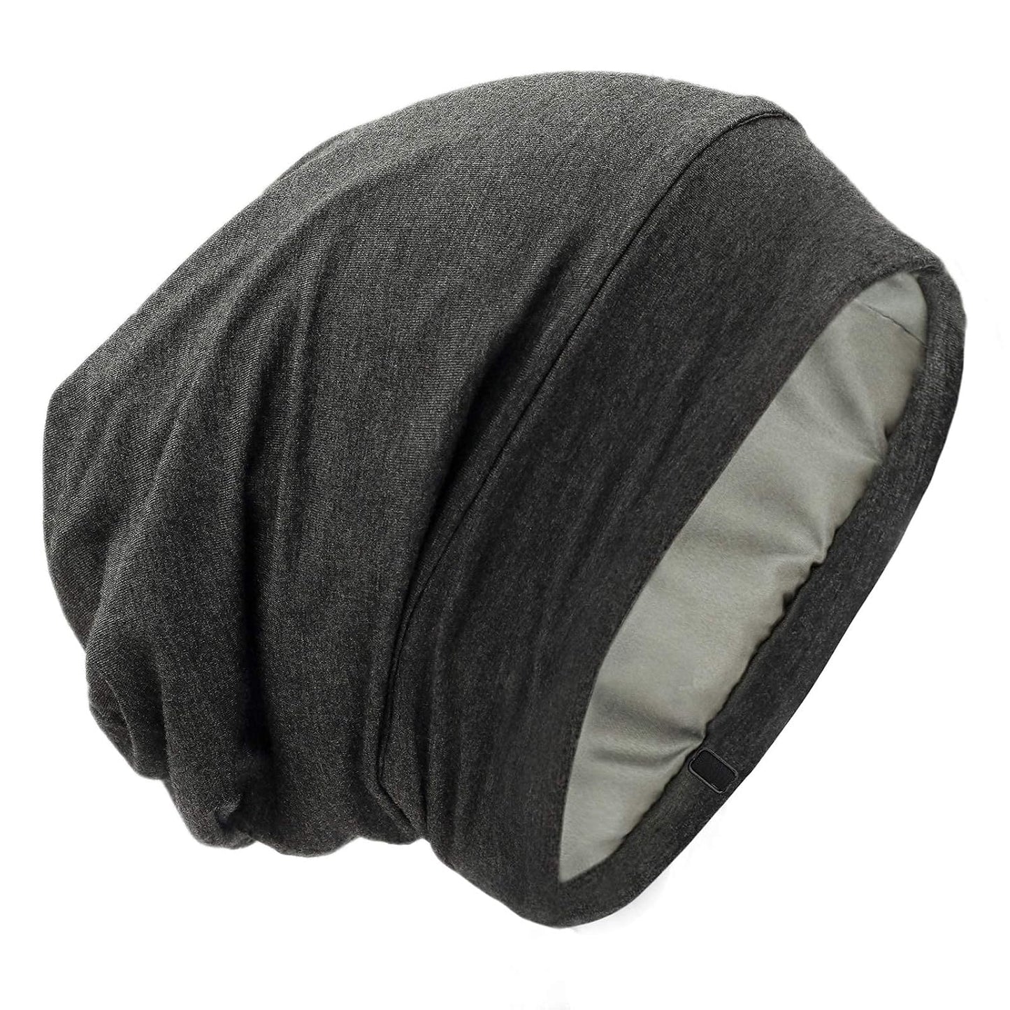 Silk Satin Lined Bonnet Sleep Cap - Adjustable Stay on All Night Hair Wrap Cover Slouchy Beanie for Curly Protection Women and Men Solid Black