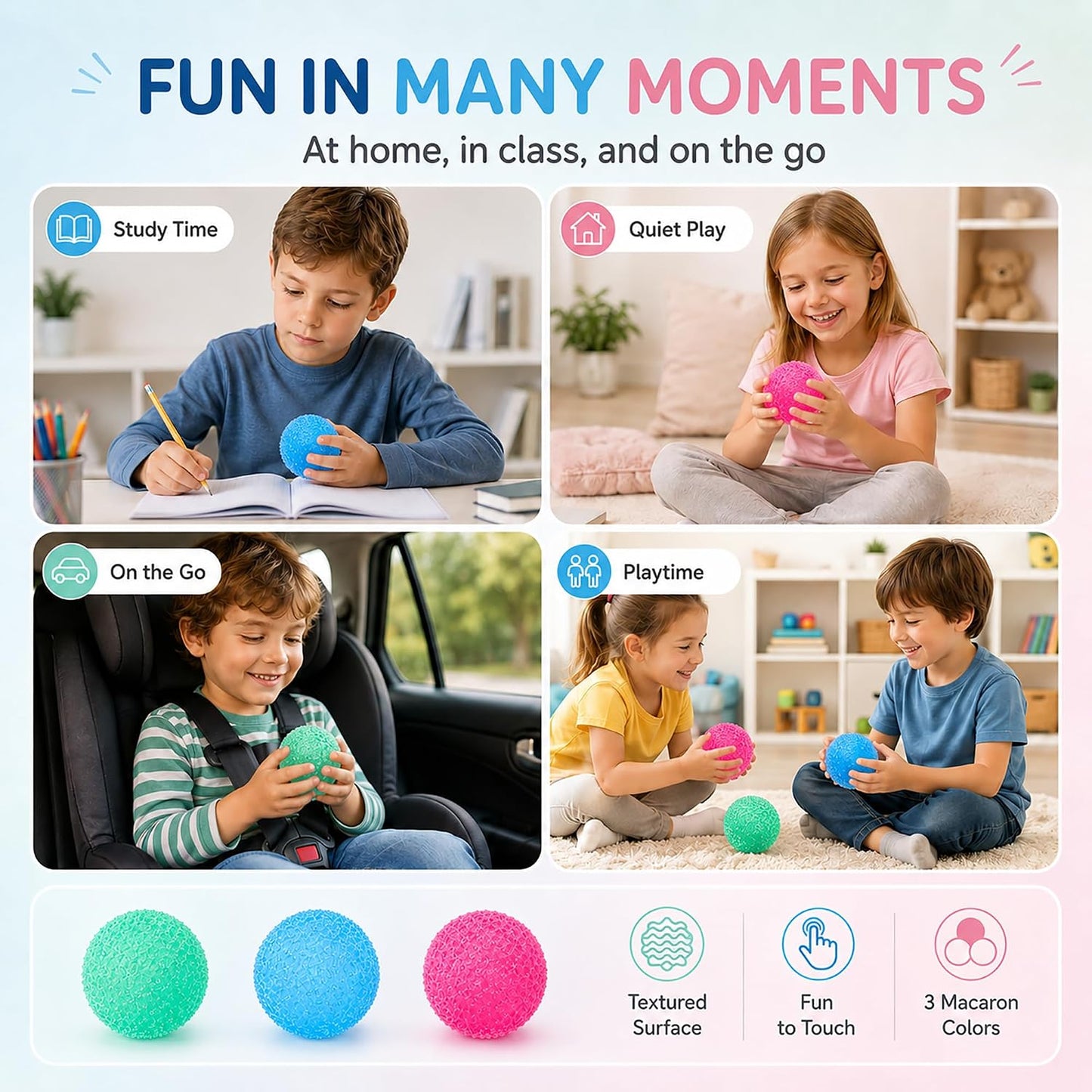 3pcs Squishy Textured Stress Balls Silky Soft Memory Gel Squeeze Balls Squishies Fidget Balls for Anxiety Relief Squishy Ball Sensory for Kids/Adults Hand Exercises 1.85inch