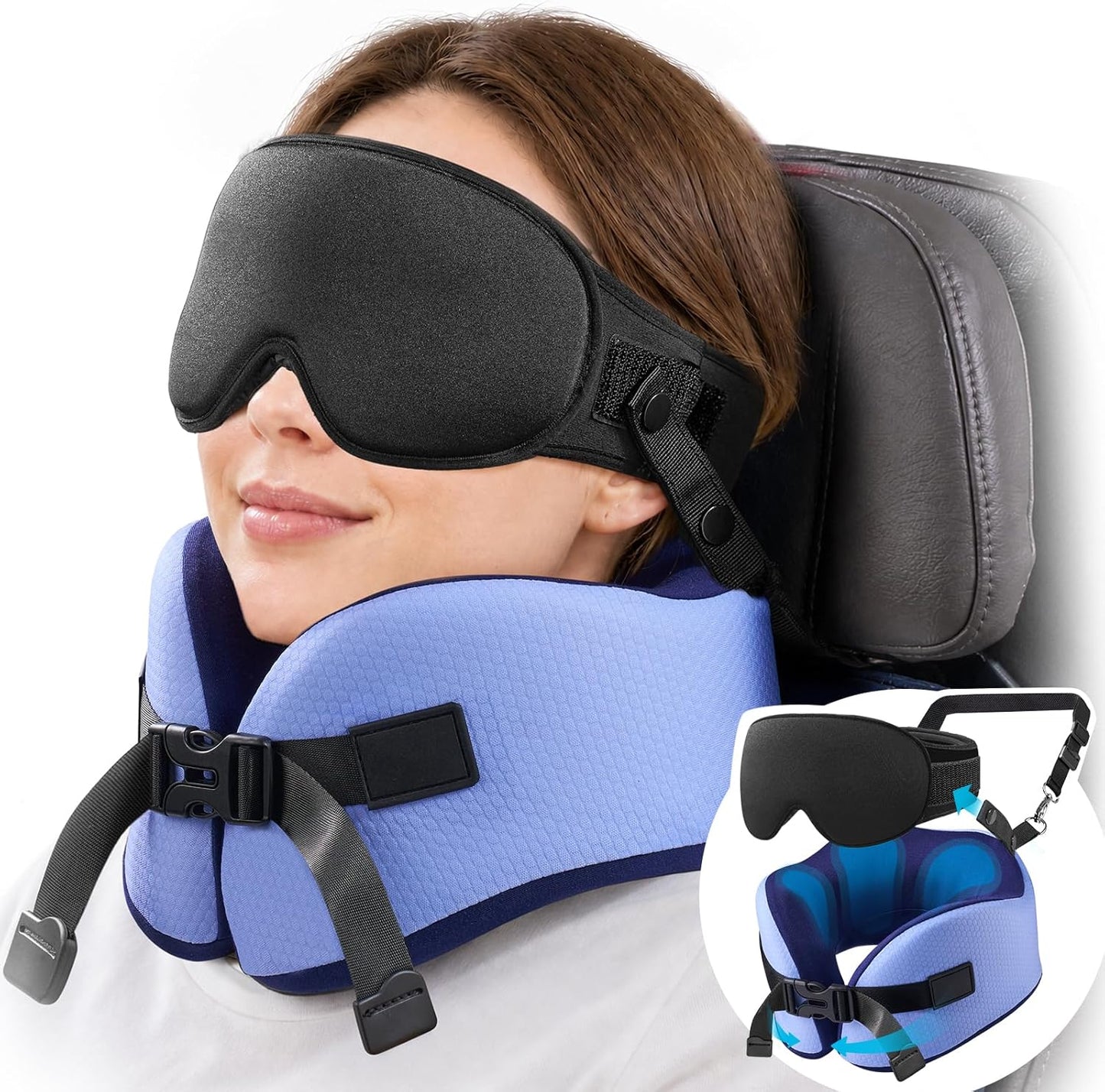 YFONG Travel Pillow for Long Flights, Patented 360° Ergonomic Sleeper Hold Head Support System with Memory Foam Neck Pillow & 3D Sleep Mask, Prevent Head Bobbing for Airplane & Road Trip, Pink