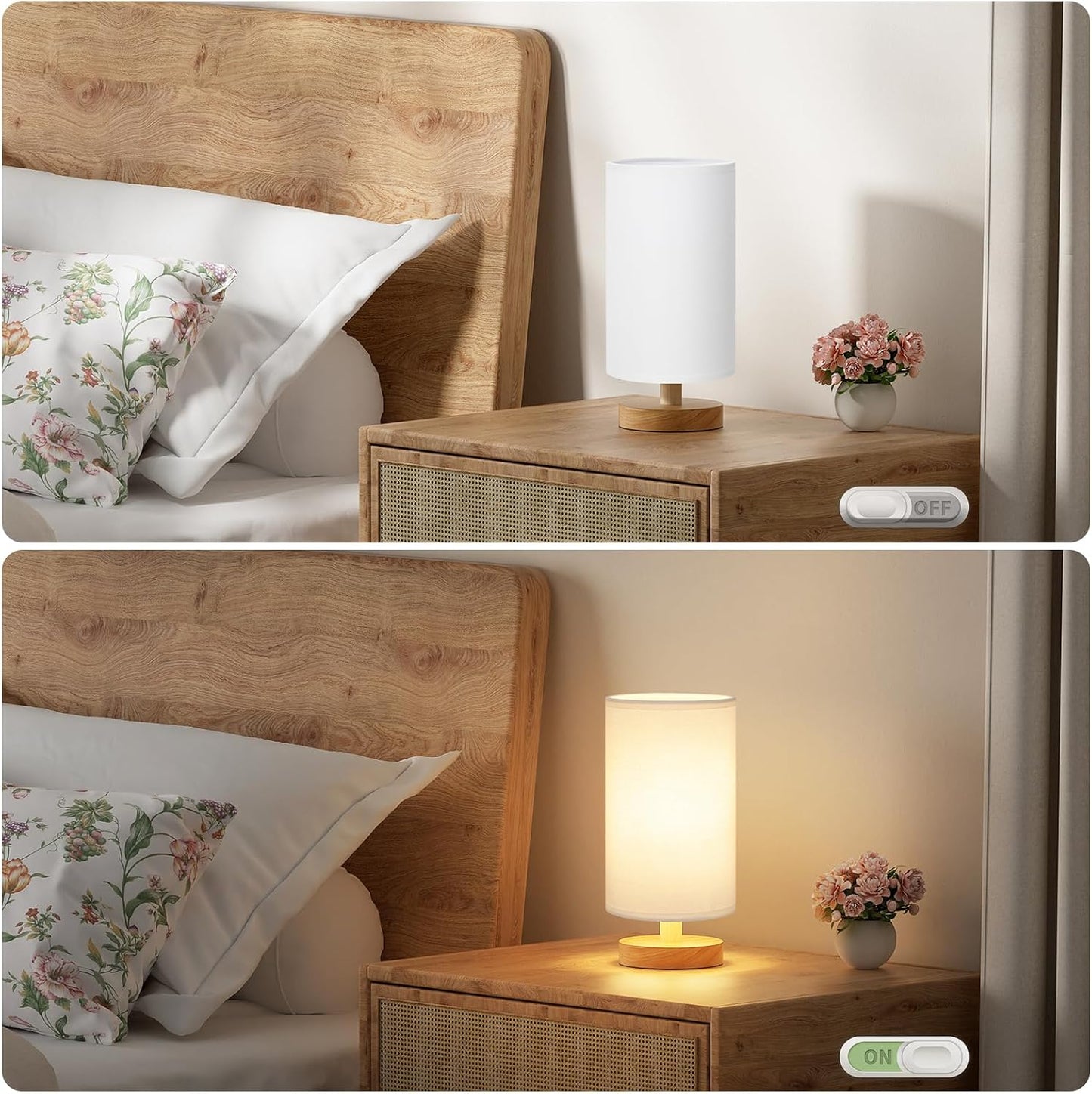 Fenmzee Small Table Lamp for Bedroom - Inline Control, Bedside Lamp with 3000K A15 LED Blub, Easy Assembly (Cream Shade - Wood Base, 9" Inline Control)