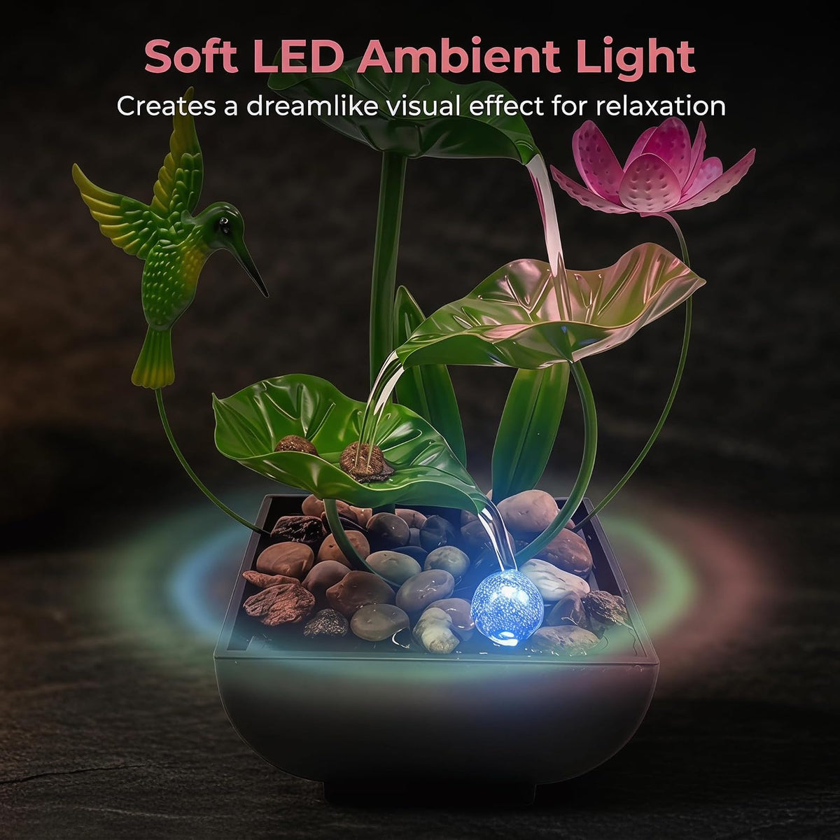 Tabletop Fountain,Indoor Water Fountain,Home Fengshui Décor Zen Relaxation Soothing Sound Machine for Office,Living Room,or Bedroom,Green Lotus,Hummingbird & Pink Flower,9.1inch