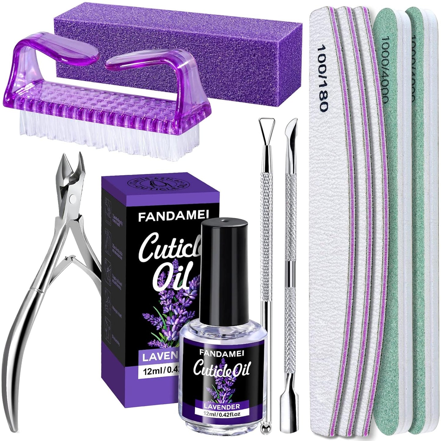 FANDAMEI Nail Files and Buffers, Manicure Tools Nail Care Kit with Nail File, Nail Buffer Block, Cuticle Care for Women with Nippers, Pusher Peeler. Cuticle Oil and Nail Prep Kit.