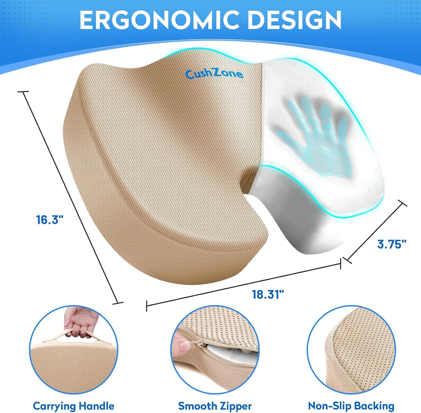 CushZone Seat Cushion - Memory Foam Office Chair Cushion for Sciatica, Tailbone & Back Pain Relief - Orthopedic Coccyx Pillow for Car, Airplane, Pregnancy & Long Sitting at Work, Black