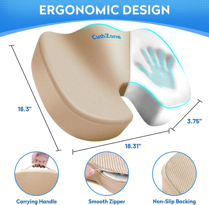 CushZone Seat Cushion - Memory Foam Office Chair Cushion for Sciatica, Tailbone & Back Pain Relief - Orthopedic Coccyx Pillow for Car, Airplane, Pregnancy & Long Sitting at Work, Black