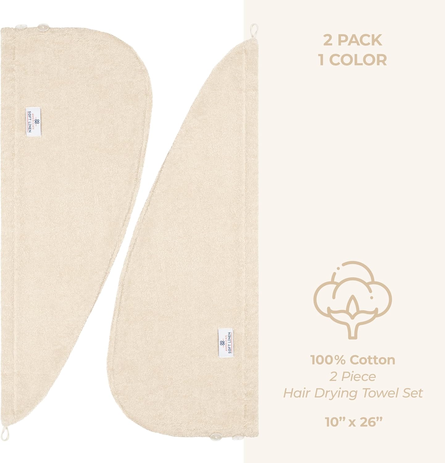 American Soft Linen 100% Cotton Hair Towels for Women, Head Towel Cap, Cotton Hair Turban Towel Wrap for Long Curly Anti Frizz Hair, Soft and Absorbent Cotton Hair Towels 2 Pack, White