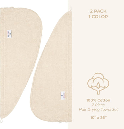 American Soft Linen 100% Cotton Hair Towels for Women, Head Towel Cap, Cotton Hair Turban Towel Wrap for Long Curly Anti Frizz Hair, Soft and Absorbent Cotton Hair Towels 2 Pack, White
