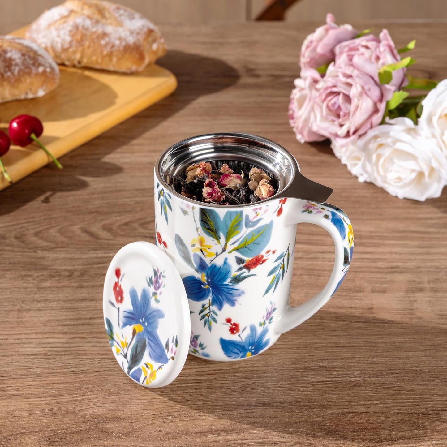 AmorArc Porcelain Tea Mug with Infuser and Lids, 18 Oz Large Cup Strainer with Bag Holder for Loose Leaf Tea, Steeping Coffee Mug for House-warming Wedding Birthday Gift