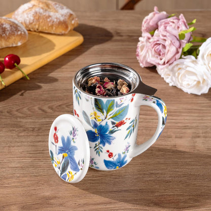 AmorArc Porcelain Tea Mug with Infuser and Lids, 18 Oz Large Cup Strainer with Bag Holder for Loose Leaf Tea, Steeping Coffee Mug for House-warming Wedding Birthday Gift
