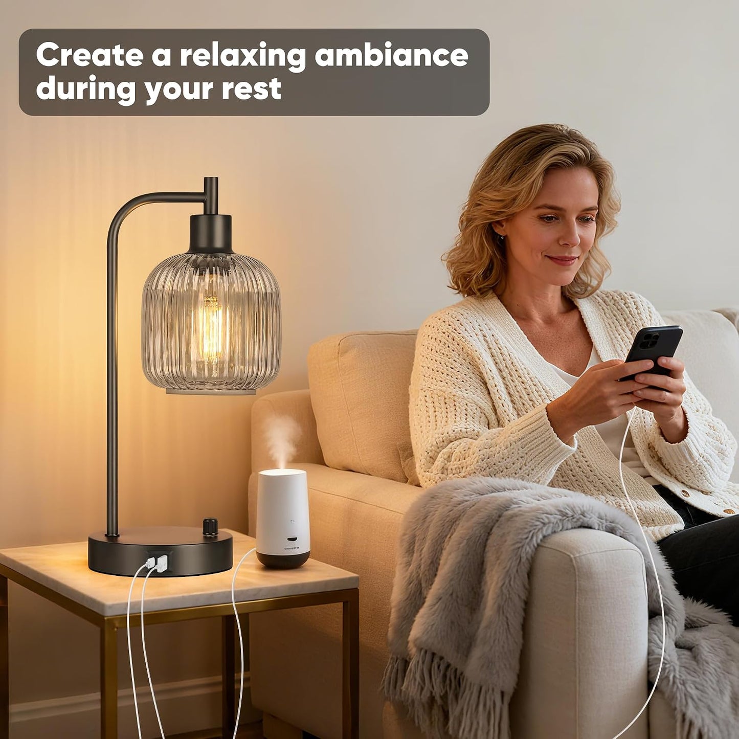 QiMH Industrial Table Lamp for Bedroom Set of 2, Green Glass Beside Lamp with USB A&C Ports, Stepless Dimmable Gold Lamps, Nightstand Lamps for Living Room, Office, Home Decor(Bulb Included)