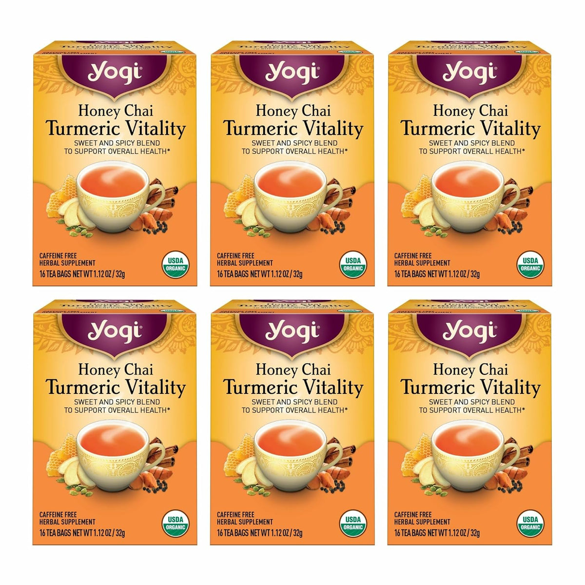 Yogi Honey Chai Turmeric Vitality Tea, 16 Tea Bags (6 Pack)
