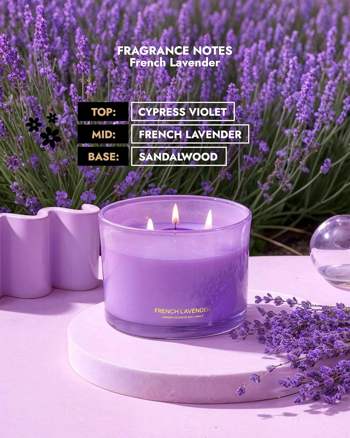 96NORTH Luxury Vanilla Soy Candles | Large 3 Wick Jar Candle | Up to 50 Hours Burning Time | 100% Natural Soy Wax | Relaxing Aromatherapy Aesthetic Candle | Housewarming Gift for Men and Women