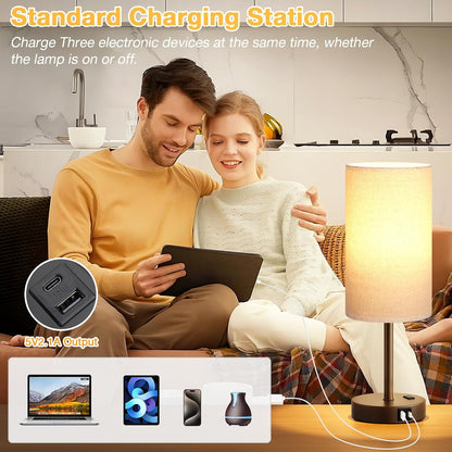 Dicoool Touch Bedside Table Lamp with USB - 3 Way Dimmable Wood Lamp for Bedroom Nightstand, Desk Lamp with Charging Station for Dorm, Living Room, Office, Kids Room, Small, 14in