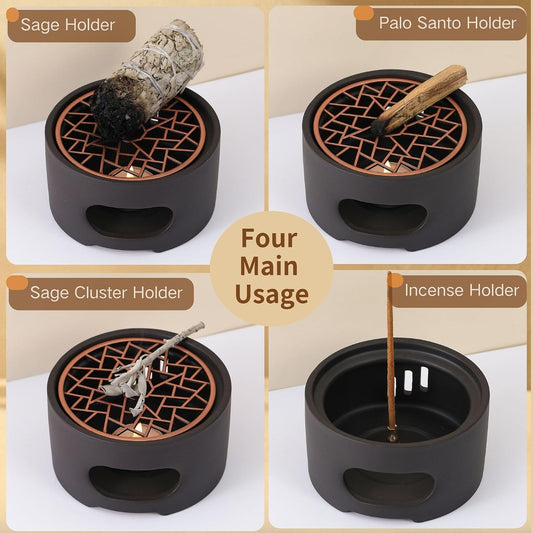 All-in-One Incense Holder for Burning Palo Santo & Sage Sticks & Insence-Stick and Cone & Candle, Lasting Burn Palo Santo & Sage Bundle & Loose Sage Leaves, Ash-Free, Wind-Resistant(Brown)