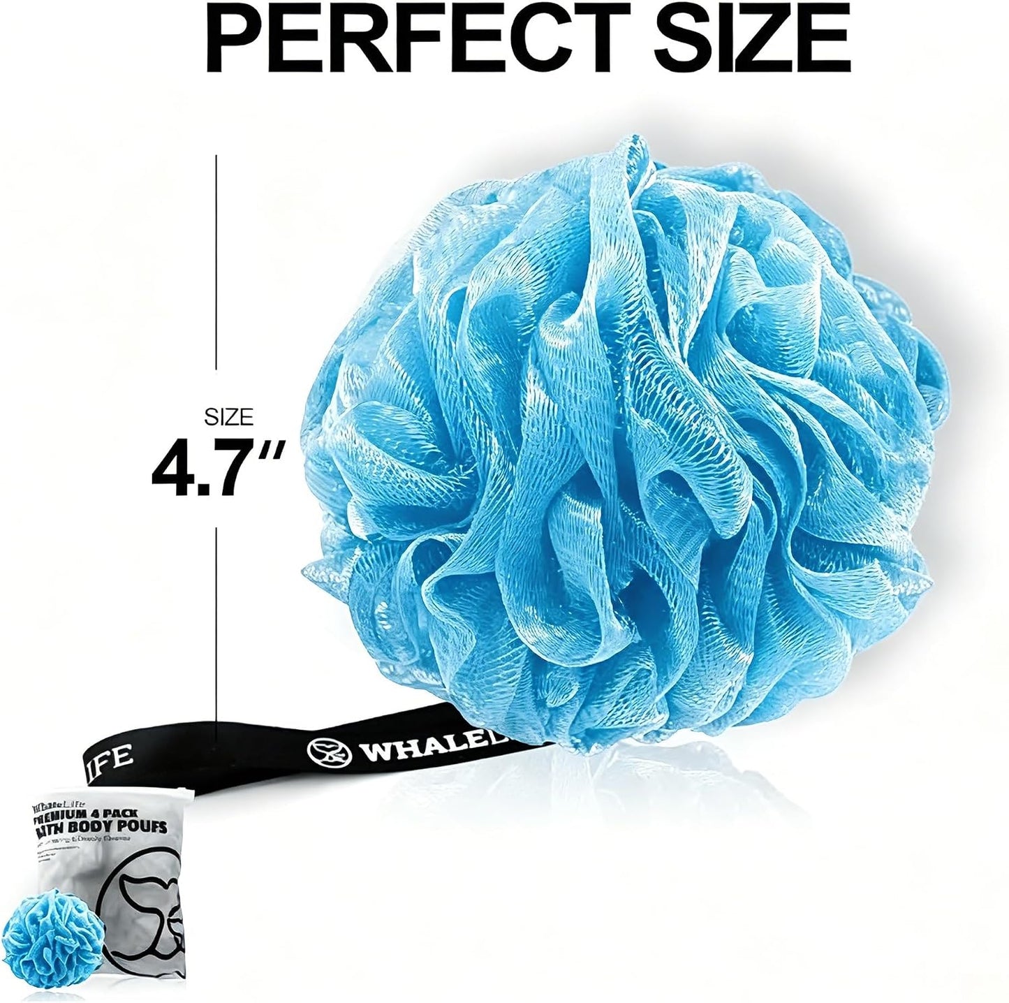 WhaleLife Loofah Bath Sponges - Black Gentle Exfoliating Shower Loofah for Rich Lather, Durable Mesh Body Scrubber for Men & Women 4 Pack
