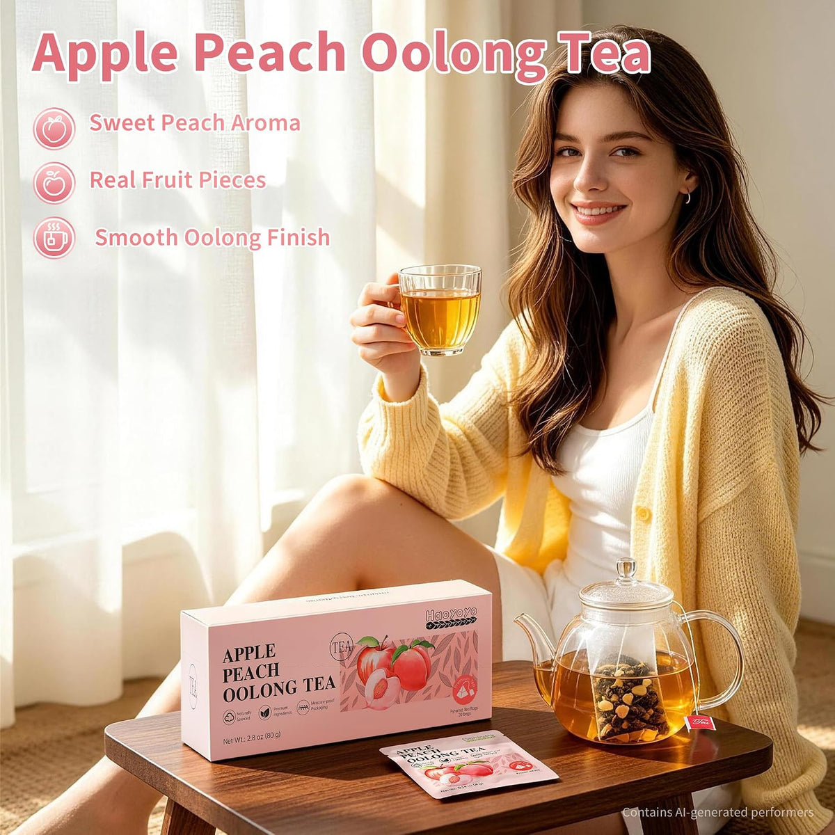 HAOYOYO Apple Peach Oolong Tea Bags, Fruity Oolong Tea, 20 Pyramid Tea Bags (4g Each), Smooth Floral Tea