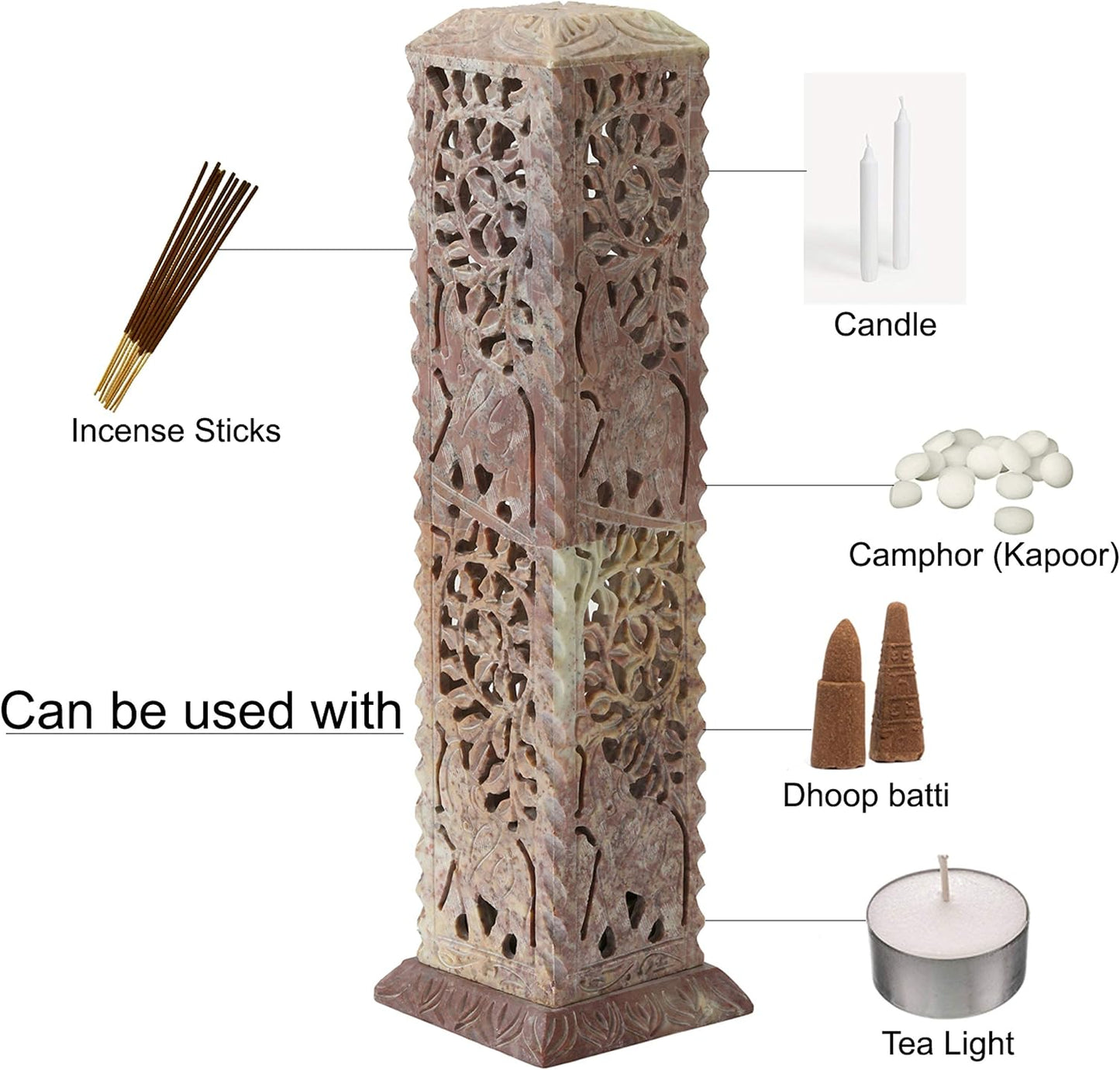 Carry Me Handmade Marble Soapstone Incense Stick Burner | Candle Stick Holder, Tea Light Stand, 3 x 3 x 11 Inches, Decorative Home and Kitchen Decor, Perfect for Gifting