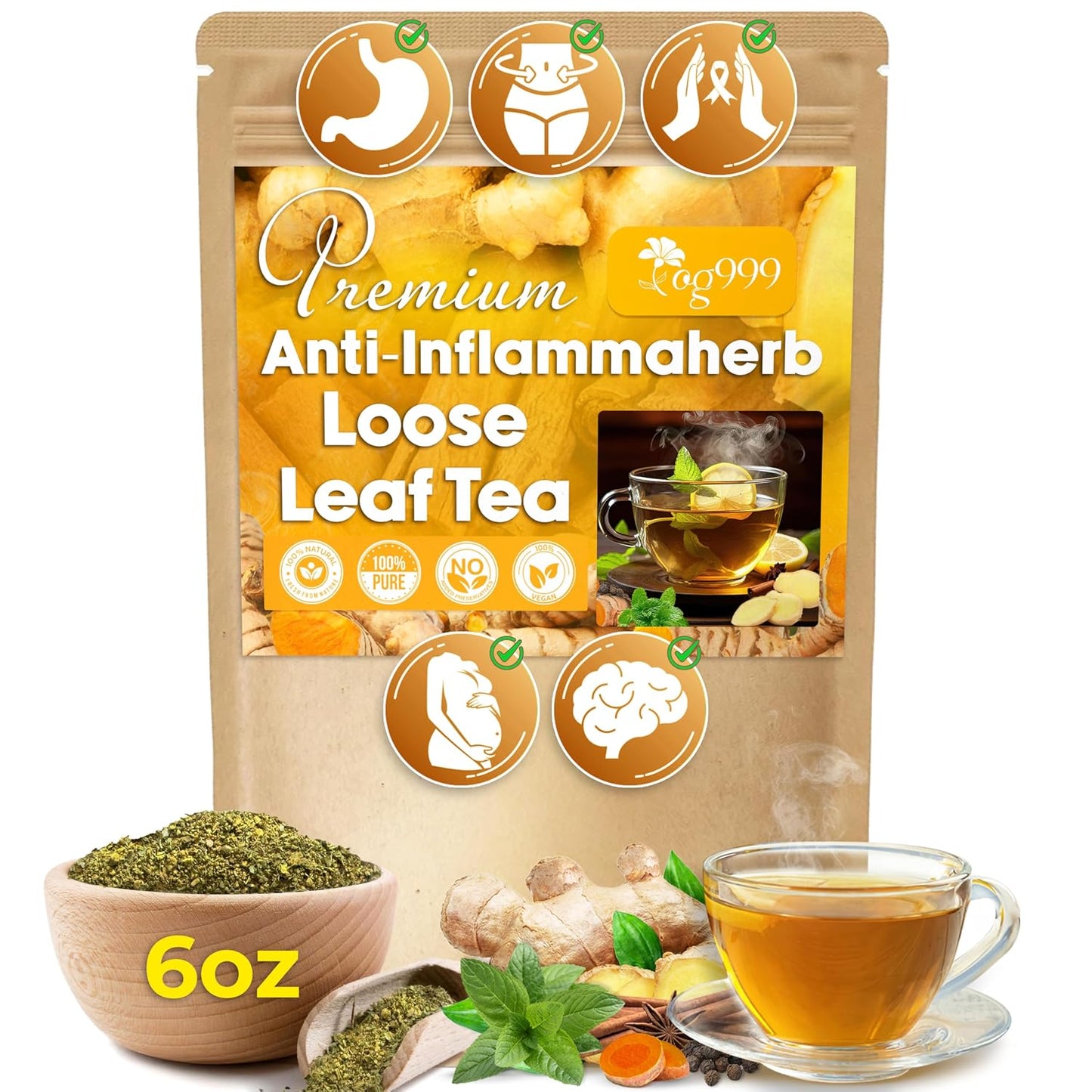 120 Bags Premium Turmeric Ginger Cinnamon Tea, Improve Digestion, Support Brain, Weight, Skin and Sleep, Eco-Conscious Tea Bags and Premium Natural Ingredients. Turmeric Ginger Herbal Tea. No Sugar, No Caffeine, No Gluten, Vegan.