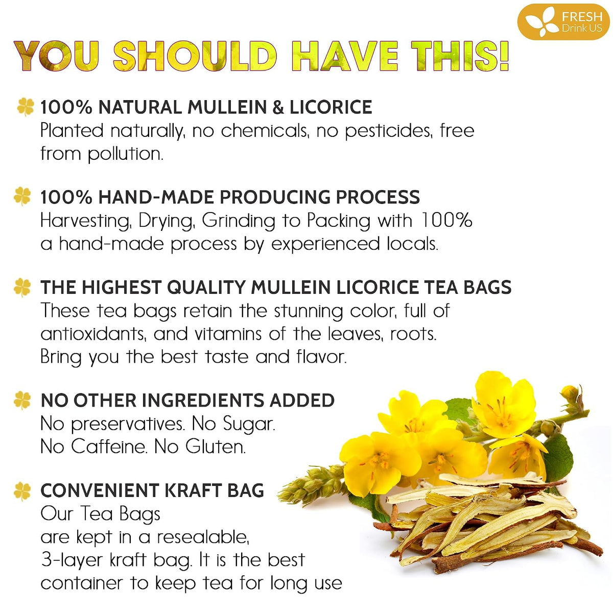 FreshDrinkUS, Premium Mullein Licorice 55 Tea Bags, 100% Natural, Blend of Mullein Leaves, and Licorice Root. No Sugar, Vegan.