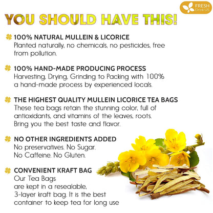 FreshDrinkUS, Premium Mullein Licorice 55 Tea Bags, 100% Natural, Blend of Mullein Leaves, and Licorice Root. No Sugar, Vegan.