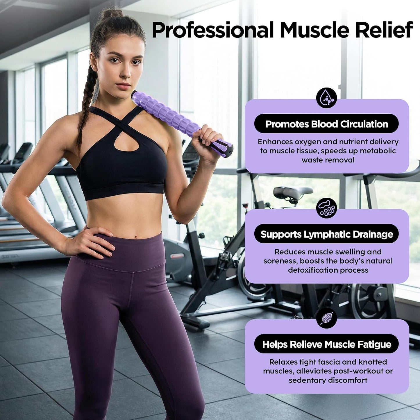 Muscle Roller Massage Roller Stick- Deep Tissue Fascia Blaster for Myofascial Pain Relief, Lymphatic Drainage & Body Sculpting, Handheld Physical Therapy & Recovery Tool (Pink black-18 inch)