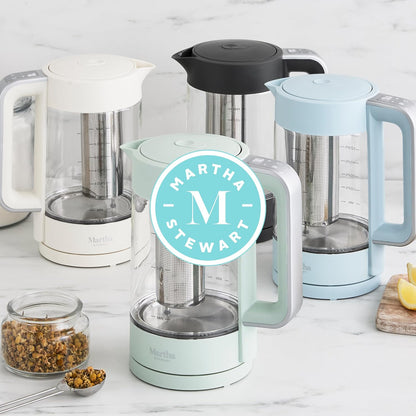 Martha Stewart Electric Kettle with Removable Stainless Steel Tea Infuser, Glass Carafe 1.7L (7 Cups), Hot Water Boiler, 4 Presets, Keep Warm & Auto Shut-Off, Cordless 360° Swivel Base, Honeydew Green
