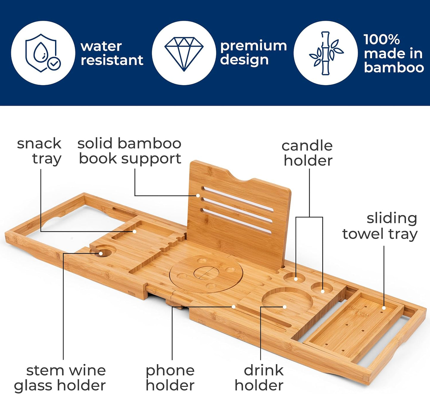 SereneLife 2 in 1 Bed and Bath Tray - Foldable Bamboo Bathtub Caddy with Adjustable Length, Non-Slip, Device Holder, Wine Glass Slot, Expandable for Comfortable Bathing, Natural, Folding Set