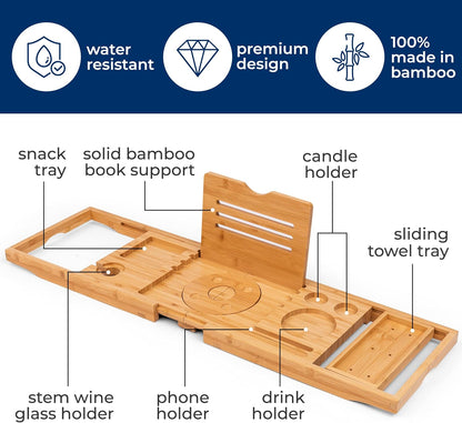 SereneLife 2 in 1 Bed and Bath Tray - Foldable Bamboo Bathtub Caddy with Adjustable Length, Non-Slip, Device Holder, Wine Glass Slot, Expandable for Comfortable Bathing, Natural, Folding Set