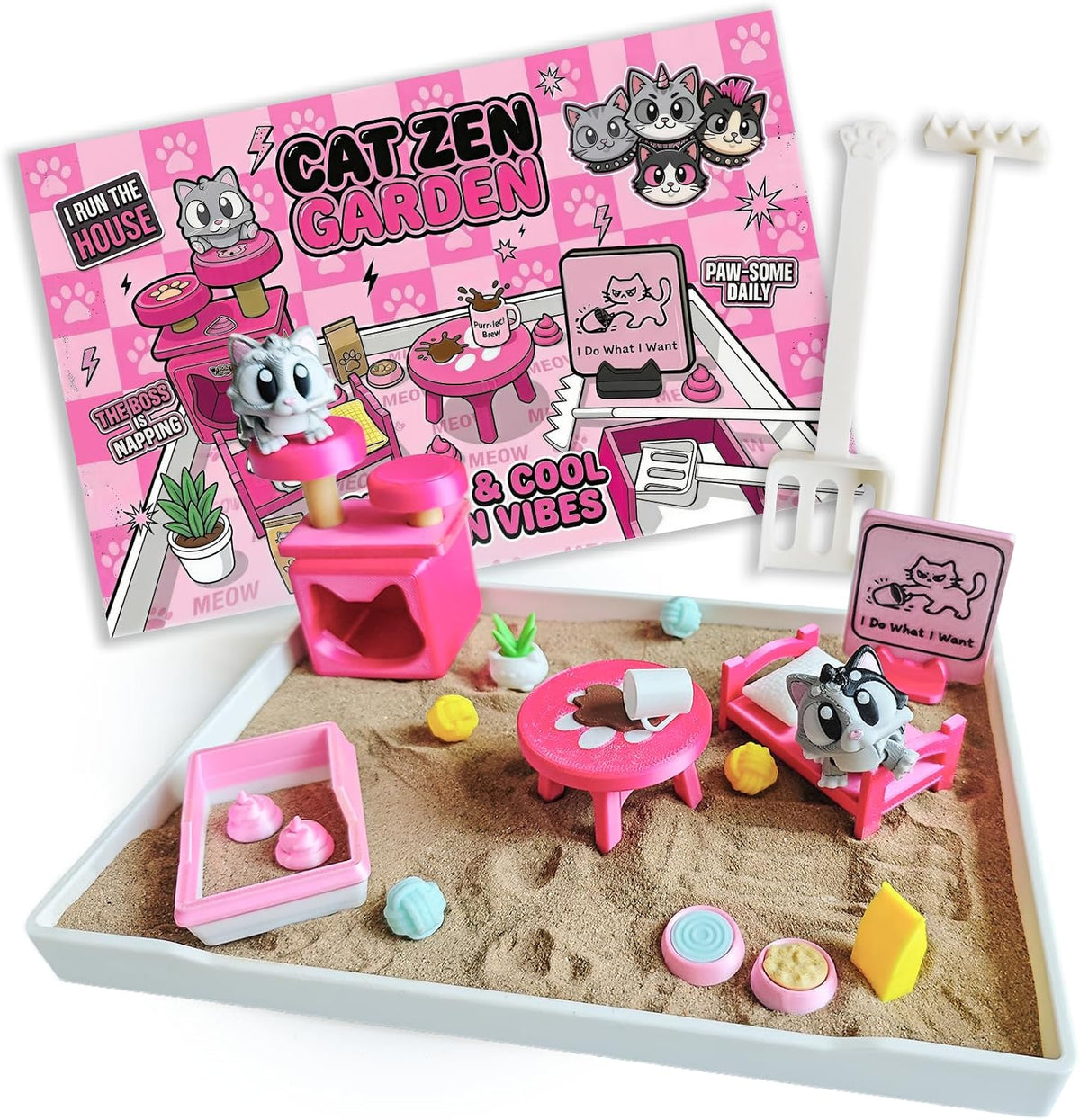 Mini Zen Garden for Desk, Cat Sand Tray Decor Gift Set