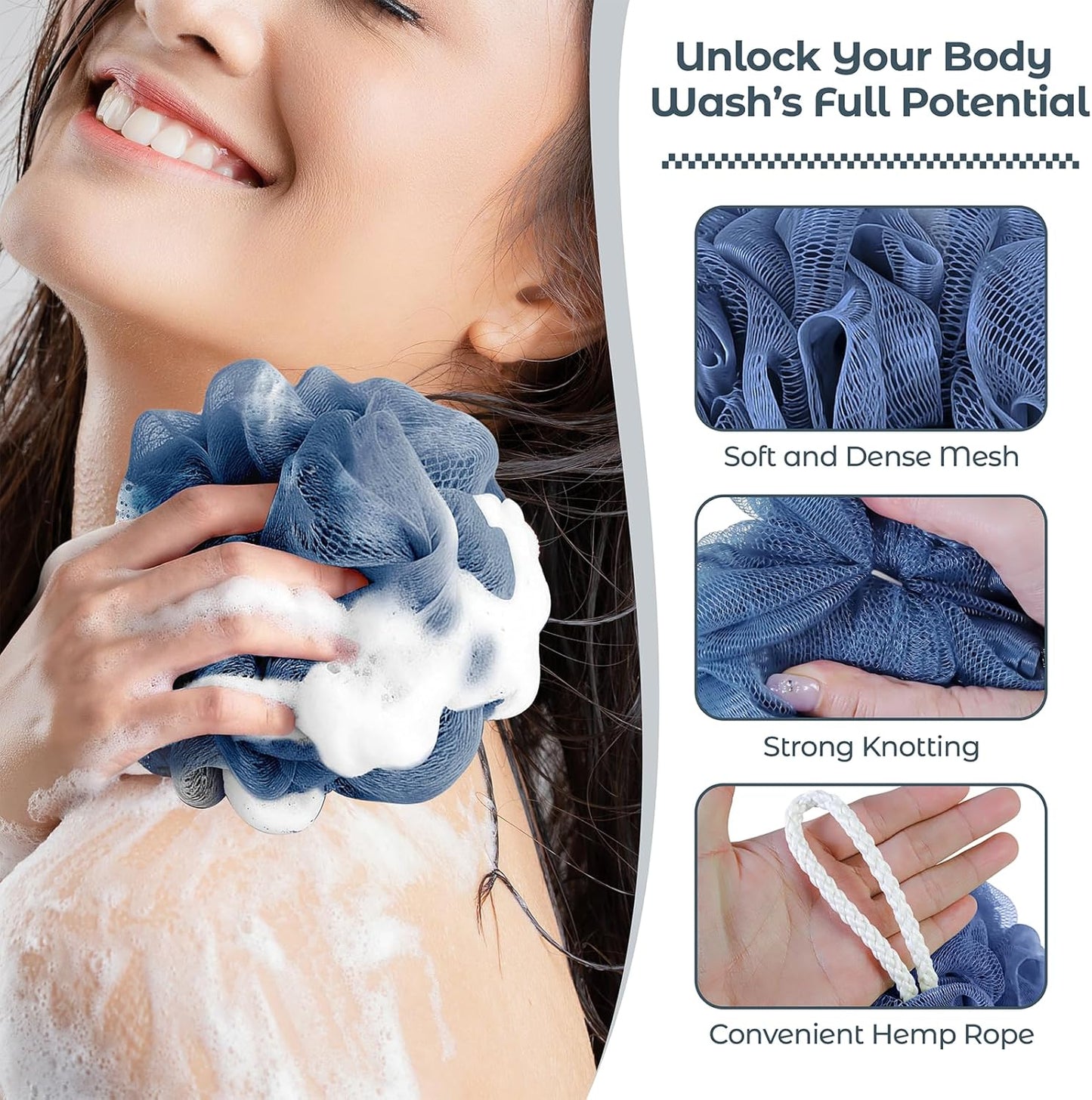 Rnoafmu Shower Loofah Bath Sponge, 60G Loofah Exfoliating Body Scrubber, 4 Color Mesh Shower Pouf Balls for Body Wash (Pink Green White Gray)