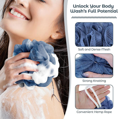Rnoafmu Shower Loofah Bath Sponge, 60G Loofah Exfoliating Body Scrubber, 4 Color Mesh Shower Pouf Balls for Body Wash (Pink Green White Gray)