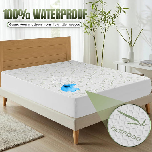 Bamboo Viscose Waterproof Mattress Protector Queen Size, 17" Deep Pocket
