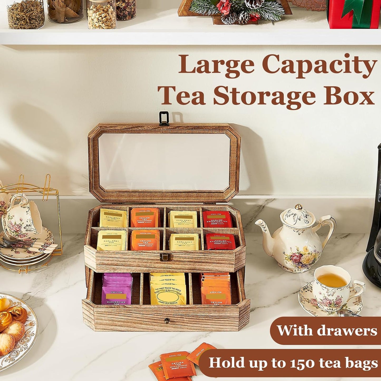 Tea Bag Organizer, Solid Wood 2 Layer Tea Box Organizer Storage, Christmas Gift Tea Bag Holder with Drawer Acrylic Window, Tea Organizer Caddy