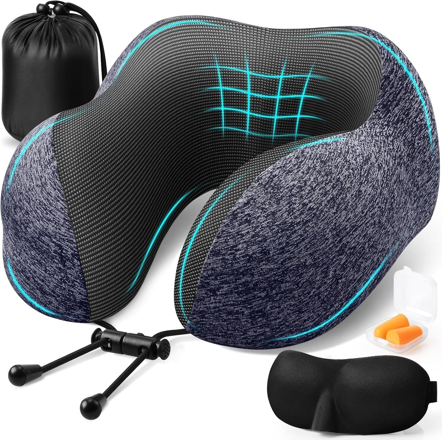 ExploreBliss Travel Pillow, Travel Pillows for Sleeping Airplane, Neck Pillow Airplane, Memory Foam Neck Pillow Set with Eye Mask, Earplugs and Storage Bag -Grey