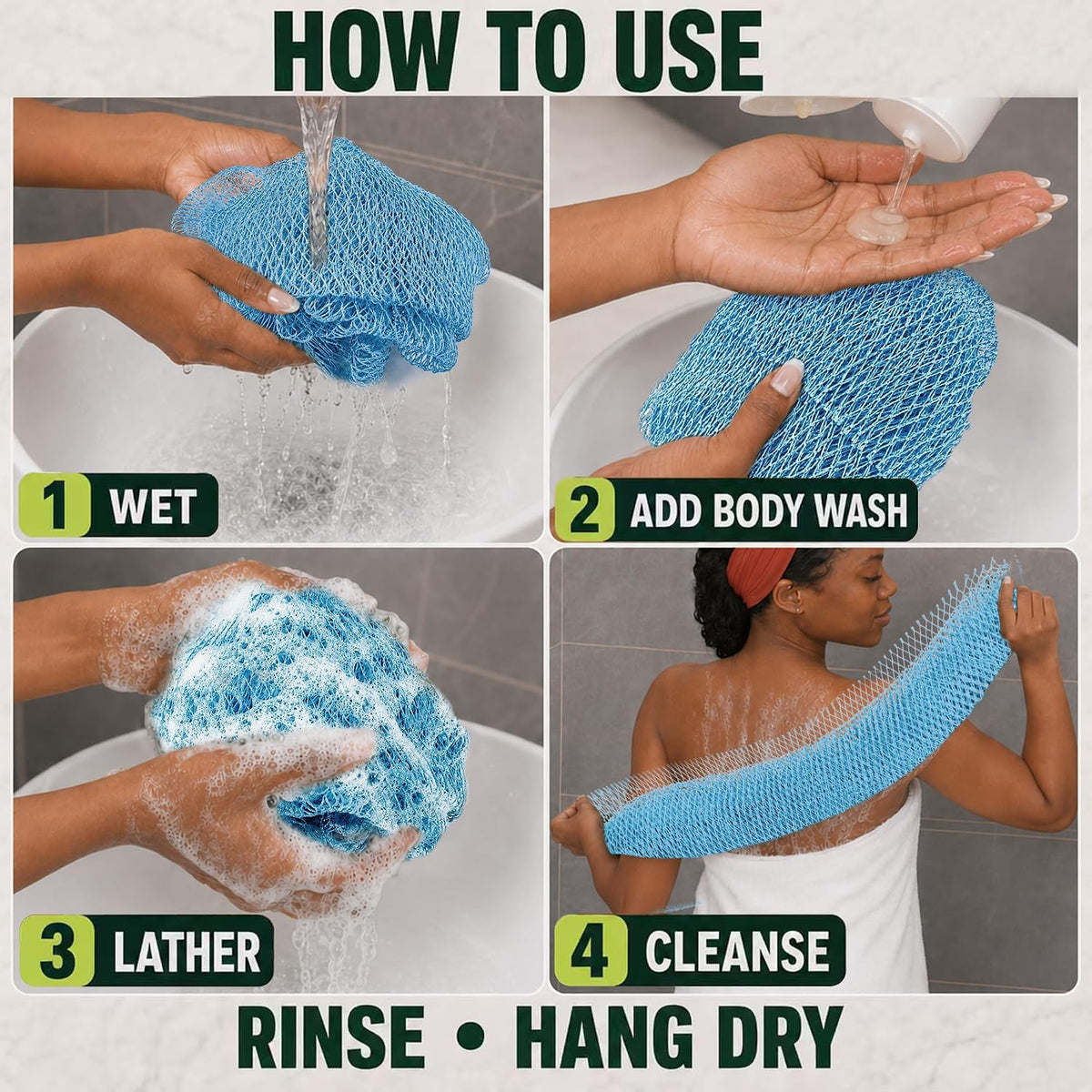 SubSahara African Net Sponge, 2 Pack 45-Inch Exfoliating Bath Scrubber