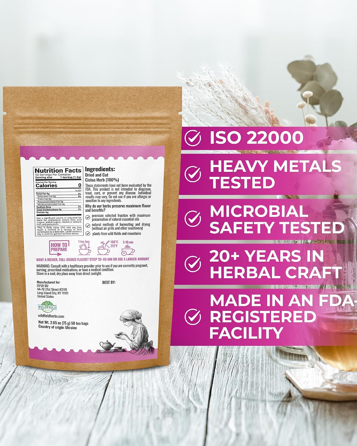 50 Bags Cistus Tea Cistus Incanus Tea Herbal (Cístus L.) - 50 Count 1.5g Herb Bags