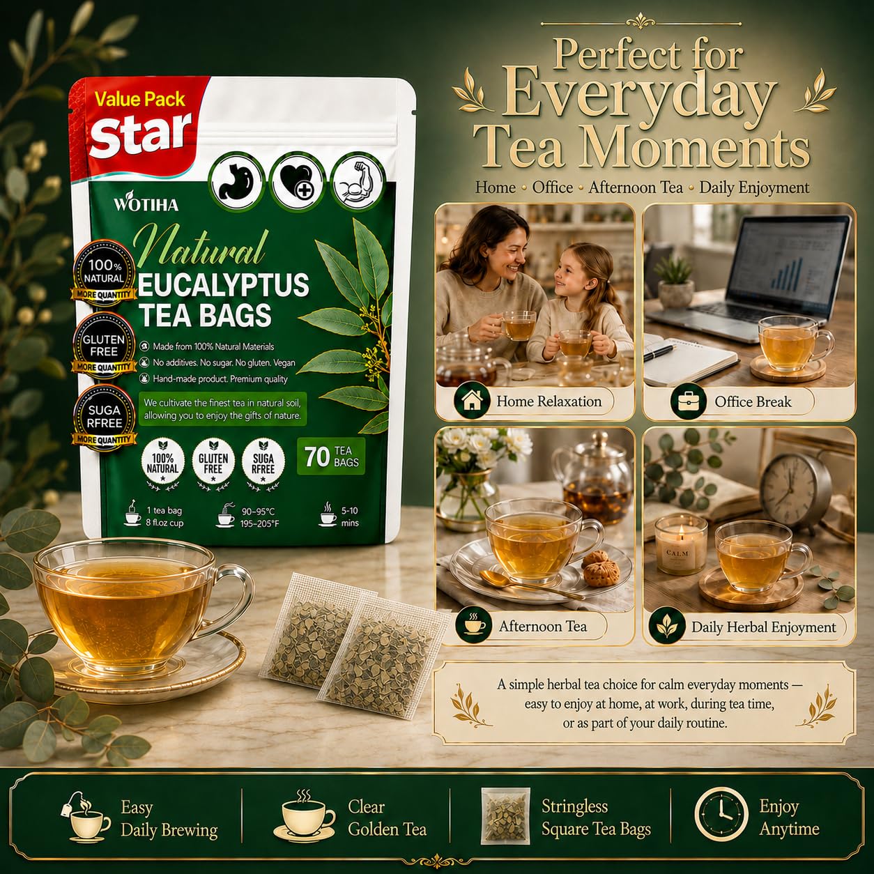 WOTIHA 60 Count Premium Lemon Balm Tea Bags - 100% Pure Natural Leaves, Lemony Citrusy Flavor, Supports Calming & Digestion, Caffeine-Free, Additive-Free, Sugar-Free, Vegan Non-GMO