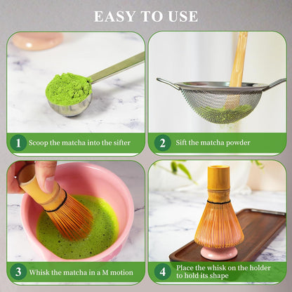Matcha Whisk Set with Ceramic Bowl - Complete Matcha Making Kit, Bamboo Whisk (Chasen), Whisk Holder, Matcha Powder Sifter, Scoop, Japanese Tea Ceremony Tools（Green）