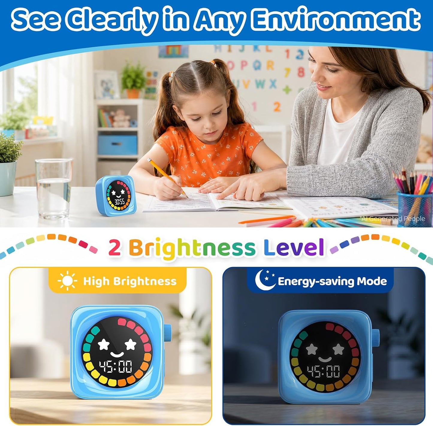 Visual Timer for Kids, 99 Minute Digital Cute Kids Visual Timer Classroom Timer for Homeschool Supplies Study Teaching Time Management Tool Countdown Productivity Timer, White, Colorful Display
