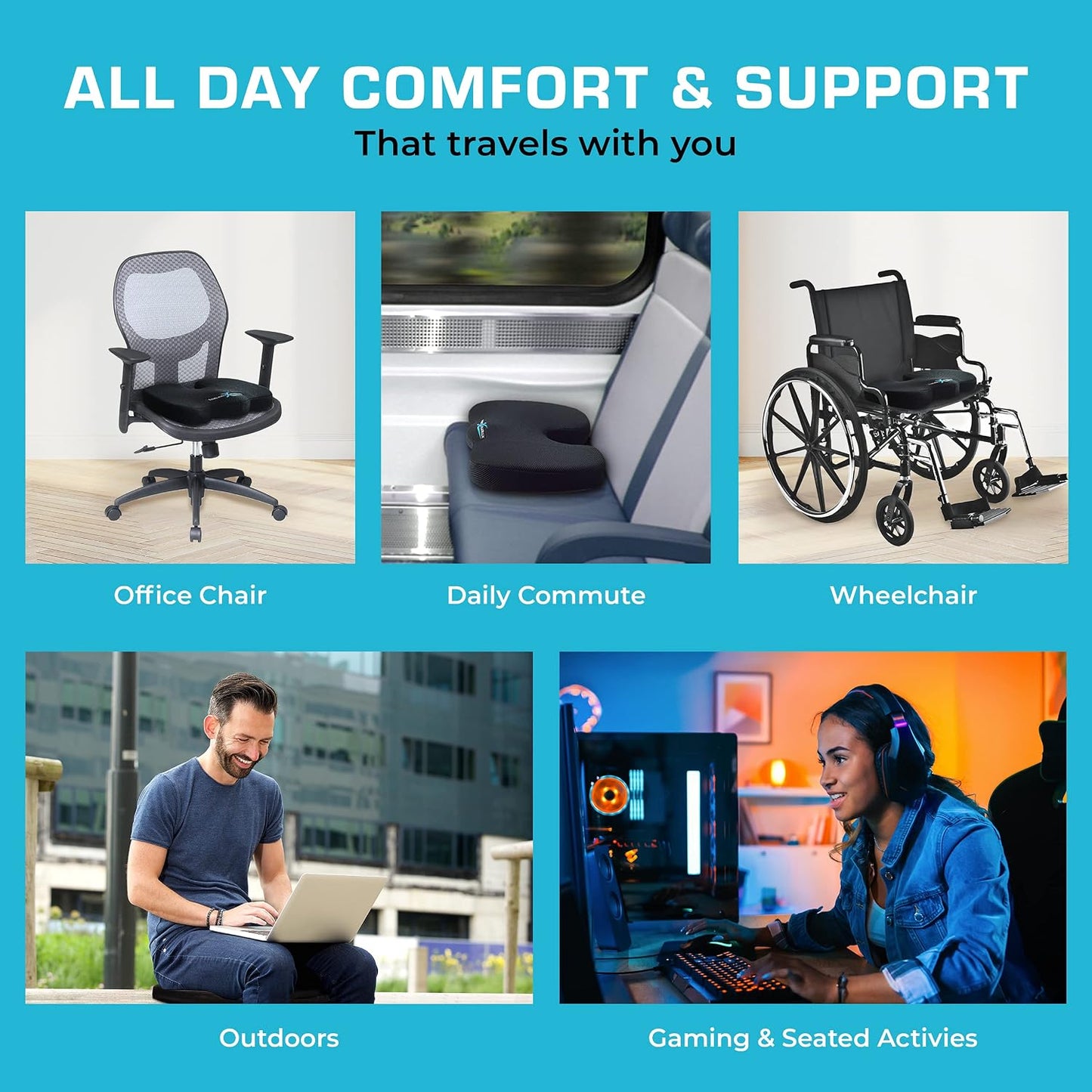 Xtreme Comforts Seat Cushions | Office Chair Cushions for Desk, Car, Wheelchair| Ergonomic Memory Foam Seat Cushion for Support & Comfort | Helps Improve Sitting Posture for Work & Body Relief (1 Pc)