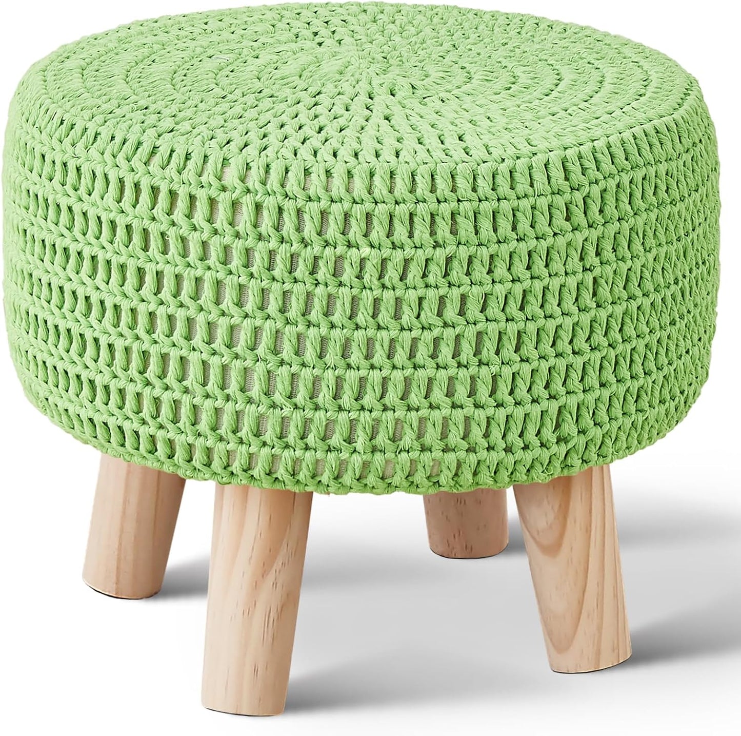 Wimarsbon Pouf Ottoman, 100% Cotton Knitted Boho Footstool, Round Footrest with Non-Skid Wood Legs, Home Décor Handmade Pouffe, Leisure Floor Step Stool for Living Room (Beige)