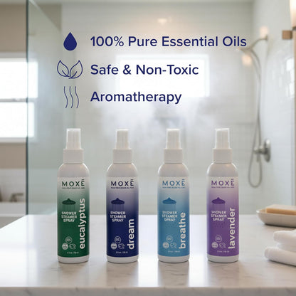 MOXĒ Eucalyptus Oil Shower Mist, Spa Steam Spray, Certified Natural 100% Essential Oils, Made in USA, Aromatherapy, Sinus Congestion Relief, Tension Relief, 4 Ounces