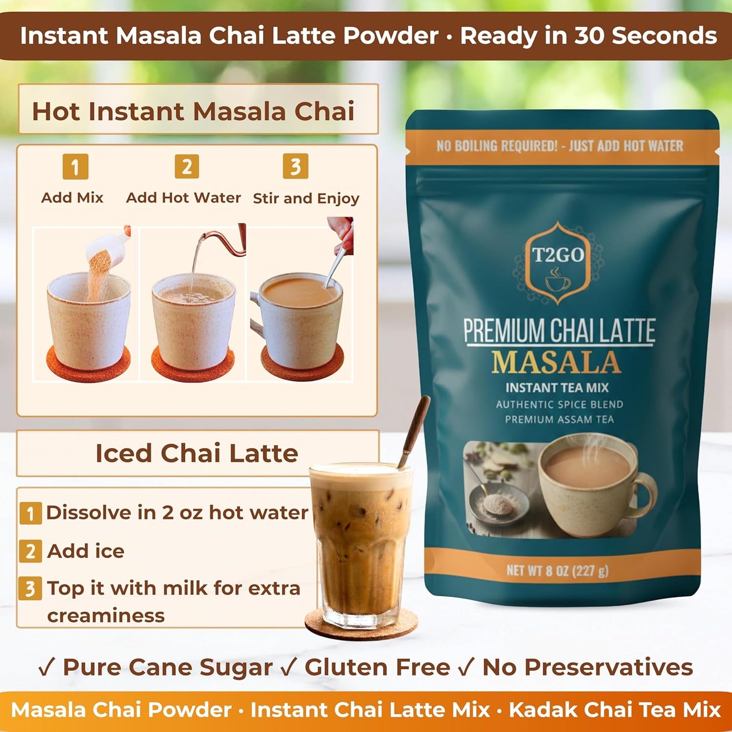 T2GO Instant Masala Chai Tea Latte Powder – Just Add Water, 8 oz | Authentic karak masala chai — real milk & spices built in, ready in seconds