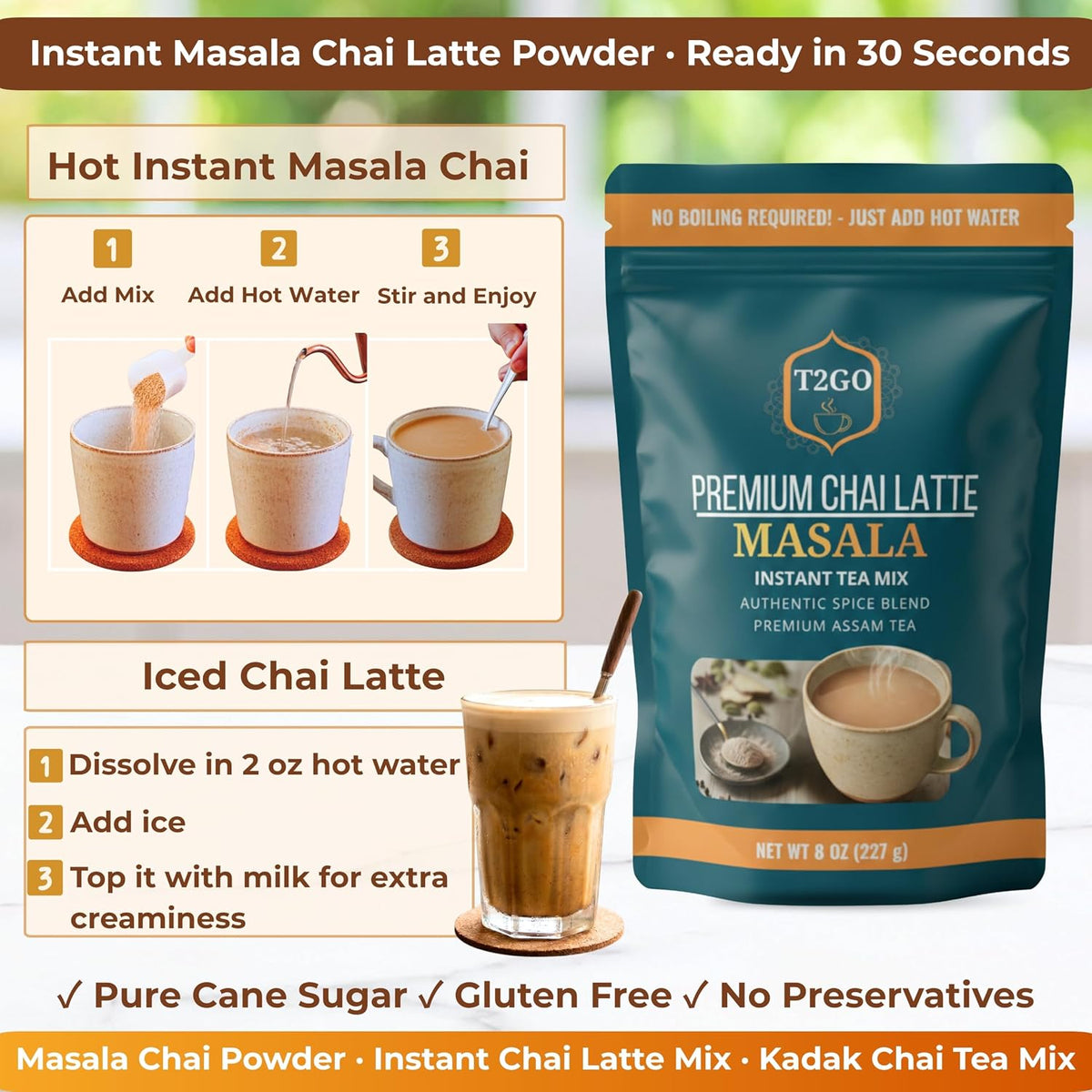 T2GO Instant Masala Chai Tea Latte Powder – Just Add Water, 8 oz