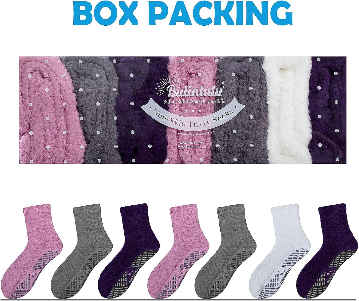 Bulinlulu Fuzzy Socks with Grips Plush Sleep Cozy Winter Soft Hospital Fluffy Socks for Womens Mens Gifts