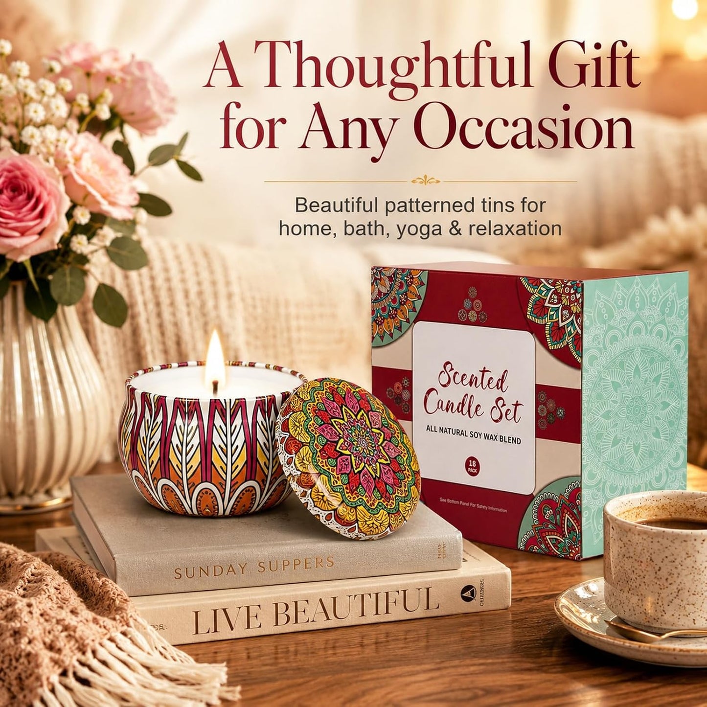 Scented Candles Gift Set for Women, 4 Pack Soy Wax Candles in Classic Bohemian Tins, Aromatherapy Candle Set, Birthday Gifts for Mom, Thank You Gifts