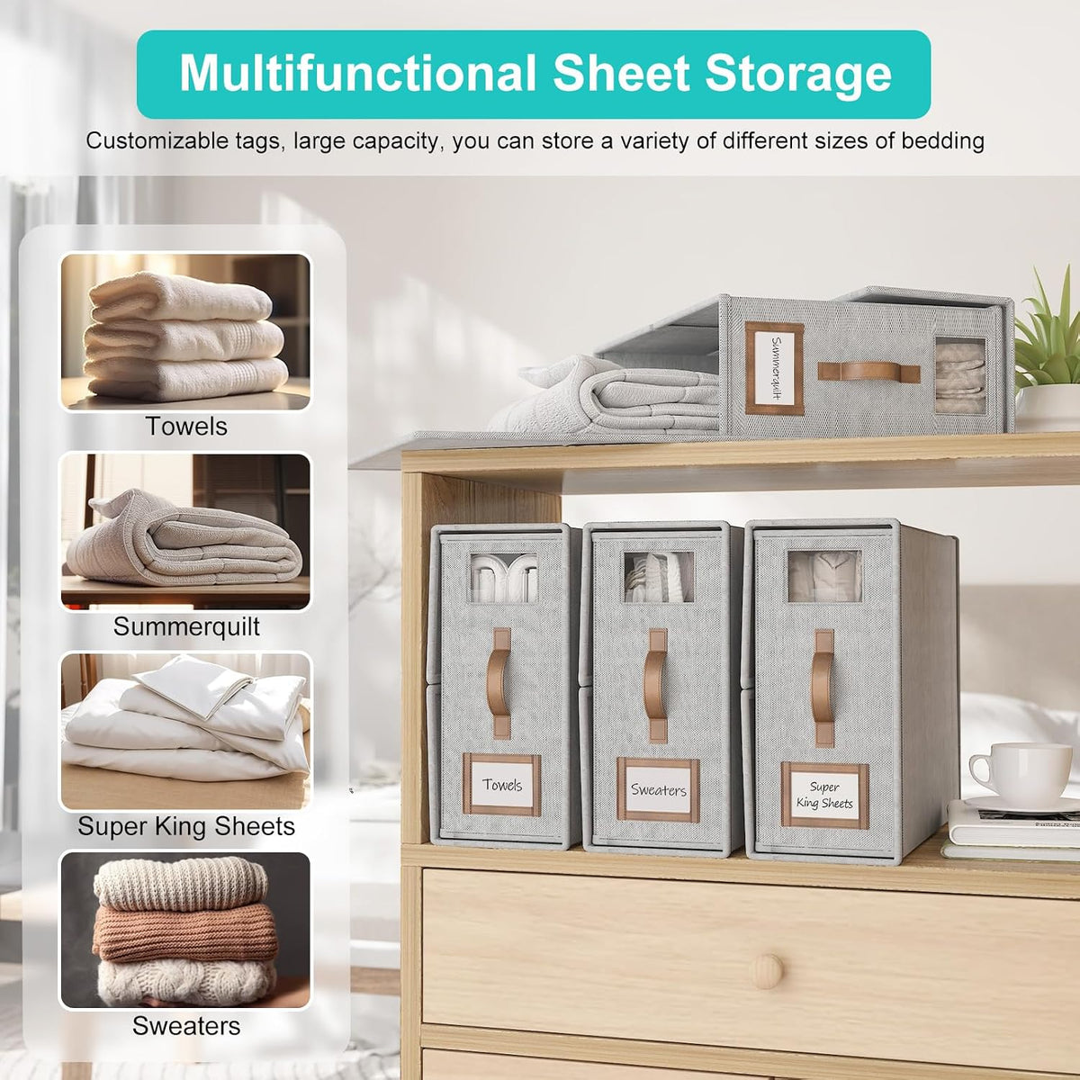 Bed Sheets Organizers And Storage,Sheets Set Folder Keeper with Handle,Foldable Bedding Storage Box For Linen Closet,Duvet Cover(King Size-3.7 Gal,Beige)